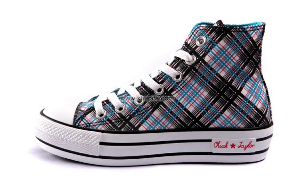 Converse匡威海外版 2012新款增高鞋水蓝色条纹格子 女