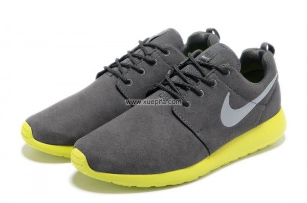 Nike耐克赤足跑鞋 2012新款roshe run反毛皮灰黄 男