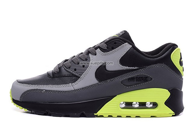 Air max跑鞋90二层皮黑灰荧光绿 男女